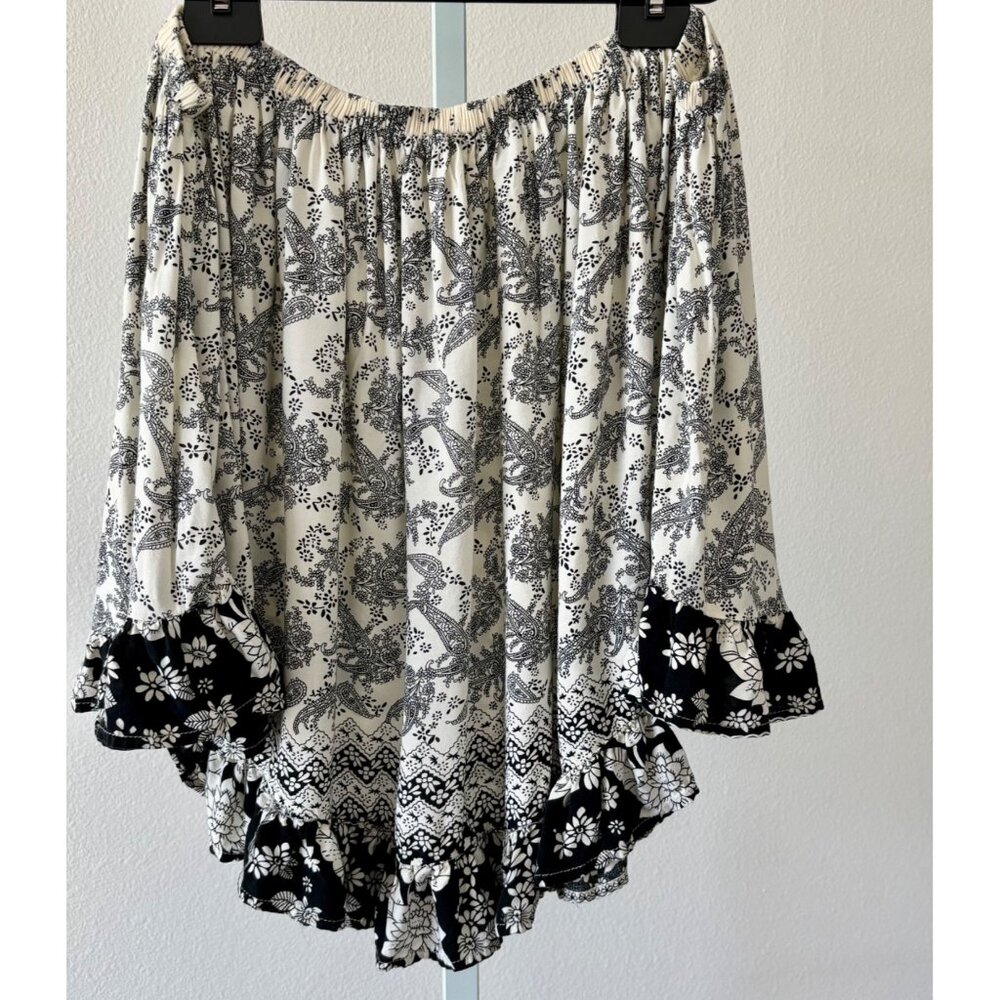 Ruffle Hem Skirt Large Black White Floral Paisley Boho Cottagecore Festival - Picture 11 of 13